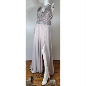 Xscape Bodice V-Neck Chiffon Evening Dress Pink/Silver Embellished Size 12